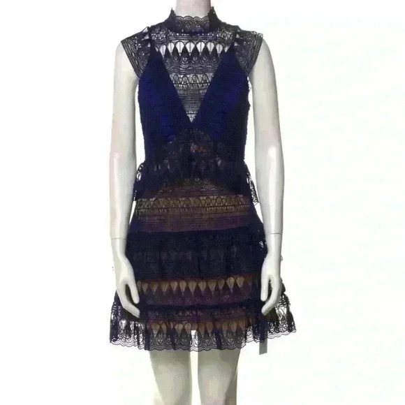 NWT Self Portrait Teardrop Paneled Guipure Lace Mini Dress in Navy Sz US 8 $555 - Picture 5 of 7